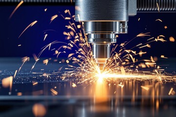 Poster - Industrial laser cutting machine in action with bright sparks flying.