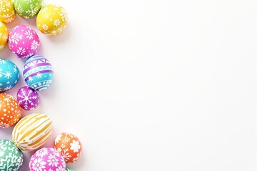 Poster - Colorful Easter eggs with intricate white patterns on a light background.