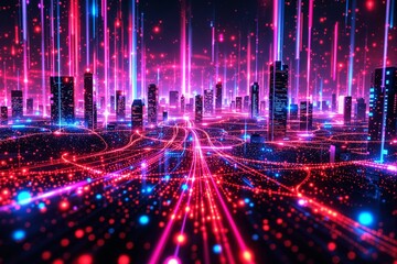 Poster - Futuristic cityscape with glowing neon lights and data streams.
