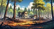 © Earl - A damaged forest with fallen trees scorched earth and burned out ruins of old houses in the background anime cartoon style illustration artwork design background