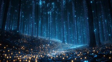 Digital forest made of glowing wireframe trees connected by light streams