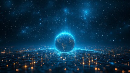 Network of light beams forming a globe shape against a starry background