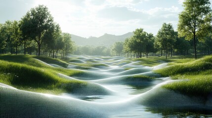 Virtual reality landscape with grid patterns morphing into natural terrain
