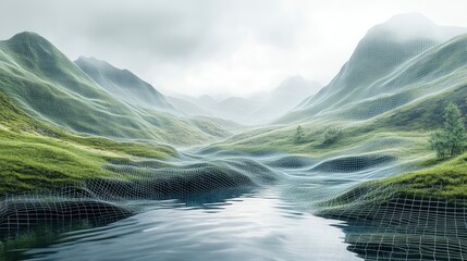 Virtual reality landscape with grid patterns morphing into natural terrain