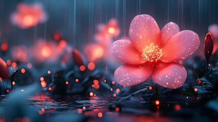 Futuristic digital garden with geometric flowers and glowing elements