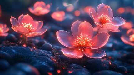 Futuristic digital garden with geometric flowers and glowing elements