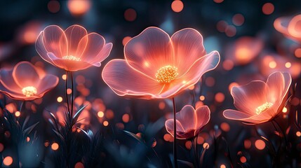 Futuristic digital garden with geometric flowers and glowing elements