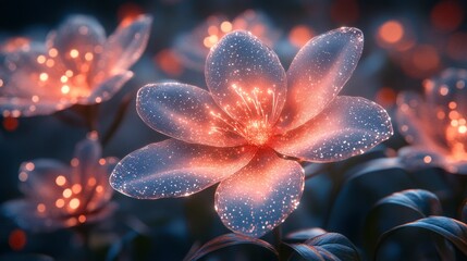 Futuristic digital garden with geometric flowers and glowing elements