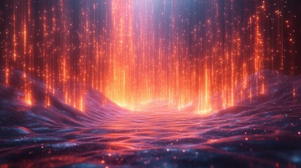 Digital waterfall made of flowing light streams and particle effects