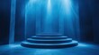© Aisha - A shadowy, tranquil blue room with sharp lighting focused on a three-tier medal podium
