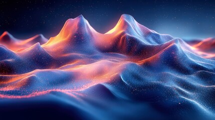 Digital mountain range made of wireframe patterns and particle systems