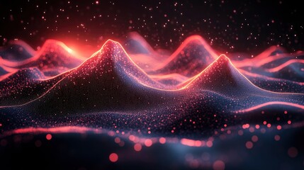 Digital mountain range made of wireframe patterns and particle systems
