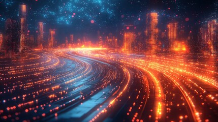 Futuristic transportation system with light trails in digital city