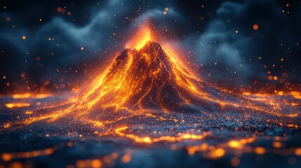 Digital volcano erupting with particle effects and data streams