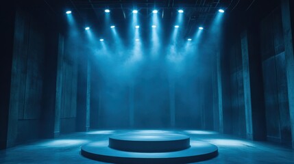Fototapete - An expansive, empty blue room, spotlights sharply illuminating a sleek medal podium