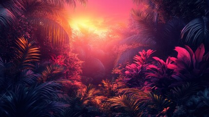 Digital jungle with geometric plants and glowing elements