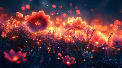 Digital meadow with geometric flowers and glowing elements