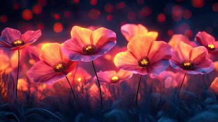 Digital meadow with geometric flowers and glowing elements