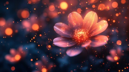 Digital meadow with geometric flowers and glowing elements