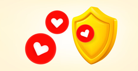 Aufkleber - Yellow shield with red hearts. 3d vector banner with copy space