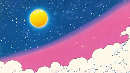 Wall Mural - vibrant anime-style video still with a low-angle view of a starry sky, bright sun, and dynamic shoot
