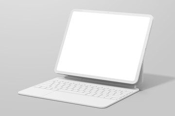 Fototapete - white digital pad pro 13-inch with empty display tablet, angled magnetic case keyboard angled perspective mockup design template isolated clay style 3d render illustration