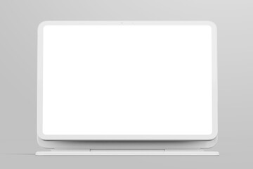 Fototapete - white tablet device pro 13-inch with empty display tablet, mockup magnetic case keyboard centered zoomed mockup design template isolated clay style 3d render illustration