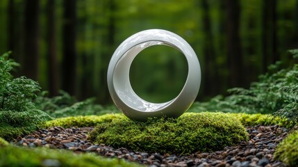 Poster - A white sculpture of a circle is sitting on a mossy patch of ground