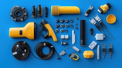 Poster - A blue background with a variety of tools and equipment