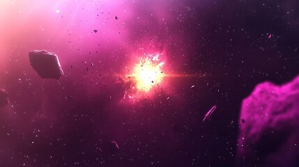 Wall Mural - Cosmic explosion. Light burst amidst asteroids and colorful nebula in deep space