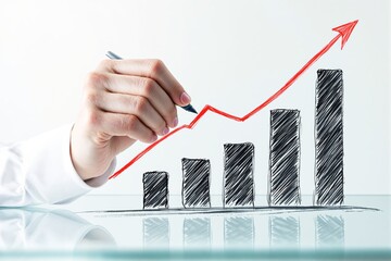 Poster - Hand drawing upward graph on glass surface, symbolizing business growth.