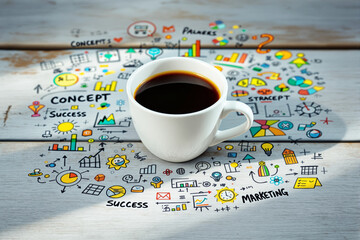 Poster - Coffee cup on wooden table with colorful business doodles and strategy icons.