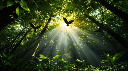 Poster - A forest with three birds flying in the sun