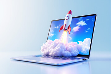 Poster - Creative concept of a rocket launching from a laptop screen.