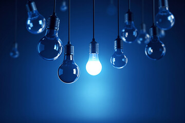 Poster - Glowing light bulb among dim ones on a blue background.