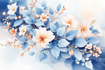 Poster - Elegant floral composition with soft pastel flowers and blue leaves.