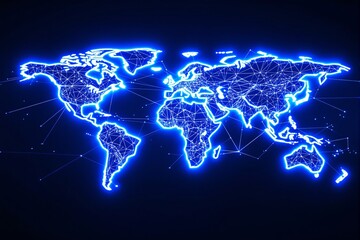 Poster - Glowing digital world map with blue neon light effects.
