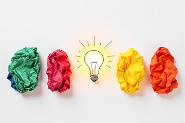 Poster - Creative idea concept with light bulb and colorful crumpled paper on white background.