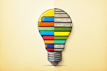 Poster - Creative illustration of a light bulb made from colorful and monochrome books.
