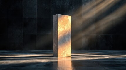Poster - A large, square stone pillar is illuminated by sunlight