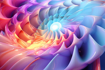 Poster - A vibrant abstract spiral with layers of glossy petals radiating from a central glowing sphere  