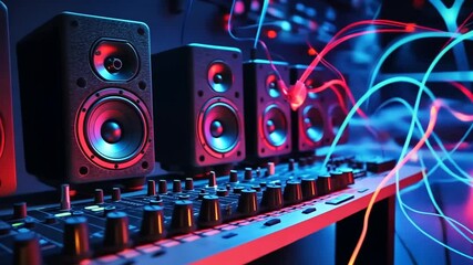 Poster - Vibrant Audio Setup with Speakers, Mixer, and Neon Lights for Music Production