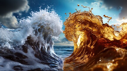 Poster - Two waves crashing into each other, one is blue and the other is yellow