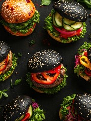 Poster - Satisfying assortment of colorful burgers with unique buns and fresh toppings under ambient lighting in a vibrant setting