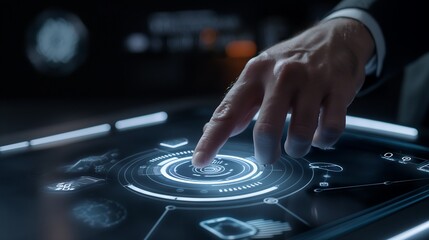 Poster - Artificial intelligence and machine learning dashboard displayed on a holographic screen as a businessman uses AI chatbot to streamline tasks, optimize decision-making, and boost work performance.