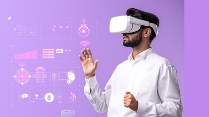 Poster - Augmented reality visualization of artificial intelligence tools hovering around a businessman, showcasing enhanced productivity, automated analytics, and efficient business solutions.