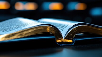 Poster - A book is open to a page with a gold spine