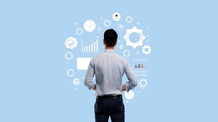 Poster - Businessman unlocking AI-driven work solutions using advanced digital assistant, surrounded by icons of charts, gears, and machine learning processes, symbolizing innovation and efficiency.