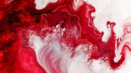 Poster - Abstract fluid art with red and white hues creating dynamic wave patterns