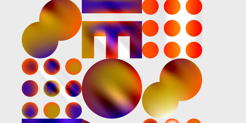 Aufkleber - Abstract composition. Vibrant circles, rectangles, gradients. Purple, orange, gold tones dominate. Modern design, playful shapes, dynamic arrangement. Minimalist aesthetic.